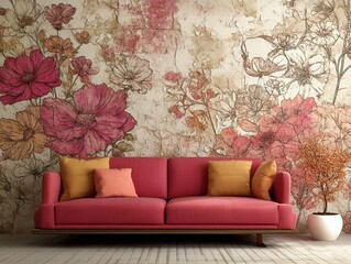 This is the interior of the living room with pink petal-designed wallpaper and pink sofas. Generative AI
