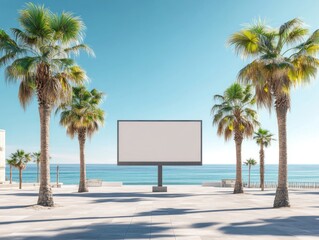 A blank billboard stands on a paved area, framed by palm trees and the ocean.