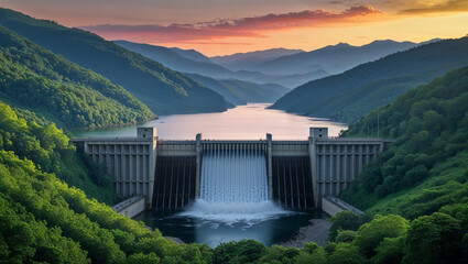 Water dam releasing water into river valley at sunset