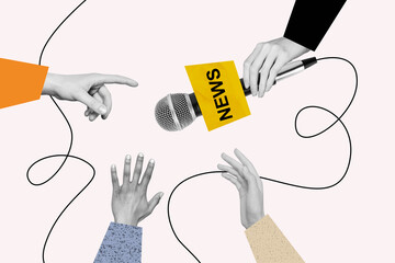 Composite sketch image design artwork collage of hand hold microphone talk interview propaganda...