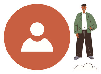 Person in casual attire standing near a user profile icon and floating cloud. Ideal for identity, community, networking, personal branding, technology, online connection, simple flat metaphor