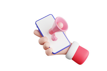 Hand holding mobile phone with pink megaphone on phone 3d rendering
