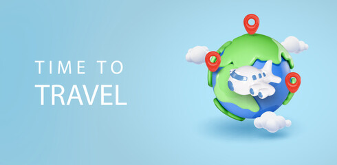 3D earth globe with pinpoints and airplane online travel service, Pin location point marker, travel poster. Around the world trip by plane. Delivery icon 3d vector render illustration