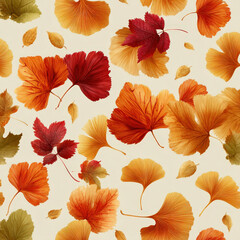 Vibrant Seamless Pattern of Falling Maple, Oak, and Ginkgo Leaves in Autumn Colors on Soft Beige Background
