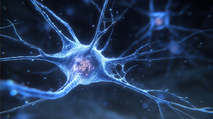 A neural stem cell dividing in midnight-blue tissue, resembling celestial star formation.