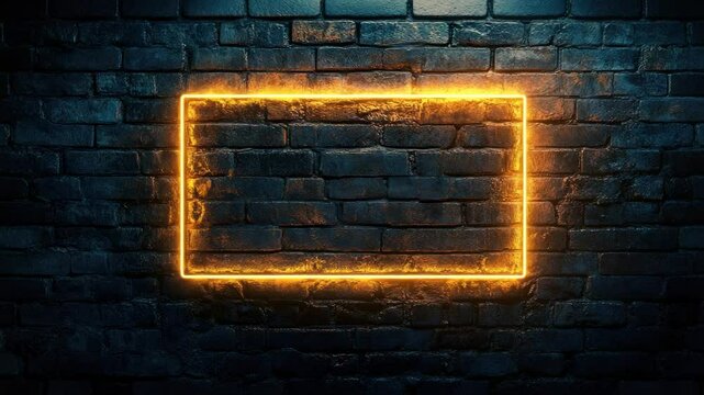 Neon glowing orange rectangle frame on dark brick wall with grunge texture and vibrant light creating modern urban design and illuminated rough surface atmosphere
