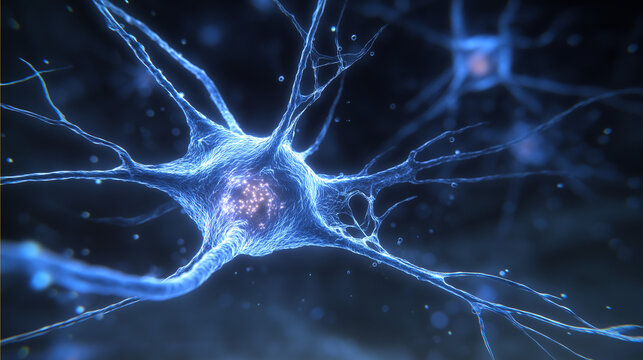 A neural stem cell dividing in midnight-blue tissue, resembling celestial star formation.