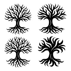 Tribal Tree of Life Symbol Collection - Decorative Nature Silhouettes with Roots and Branches, Ancient Spiritual Motif in Solid Black Ink Style with Transparent Background