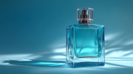 blue perfume bottle on light blue background with natural studio lighting
