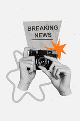 3D collage design composite trend artwork sketch of hand hold camera take photo moment paparazzi...