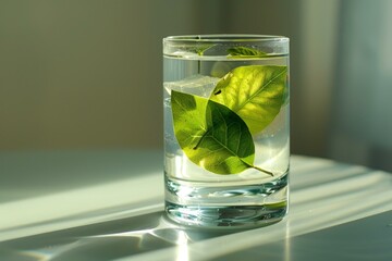 Two vibrant green leaves infuse a glass of water with natural goodness, illuminated by sunlight, promoting a healthy lifestyle