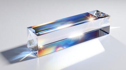 crystal prism casting light beams on white background with glowing abstract edges