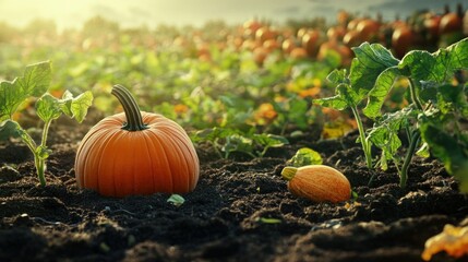 Fototapeta premium Orange pumpkin in a field of pumpkins