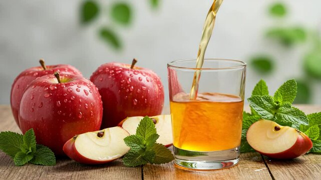Fresh red apples with juice and mint on wooden surface