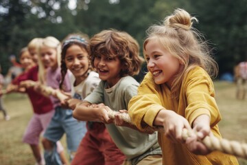 A lively group of children is engaged in a tug-of-war game during summer camp. They are pulling the rope with all their might, sharing joyful laughter in a beautiful outdoor setting