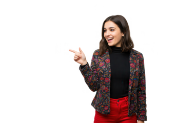 A happy young woman in a floral jacket and red trousers is pointing to the side, isolated on transparent background