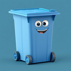 Blue smiling cartoon trash bin with wheels on a solid background  