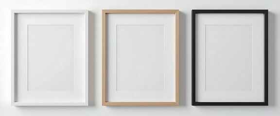 Minimalist Set of Three Empty Picture Frames in White, Wood, and Black on a White Background