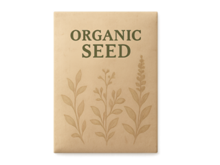 Organic seed packet with plant illustrations on brown background, Isolyate on transparent background