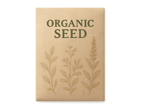 Organic seed packet with plant illustrations on brown background, Isolyate on transparent background