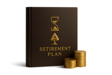 Retirement plan book with gold coins and hourglass symbol Isolyate on transparent background