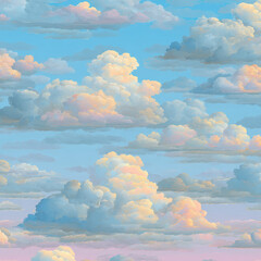 Soft and Fluffy Seamless Pattern of Cumulus Clouds with Pastel Hues in a Bright Sky Background