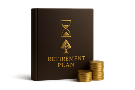 Retirement plan book with gold coins and hourglass symbol Isolyate on transparent background