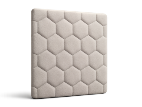 Upholstered hexagonal wall panel in neutral color for modern interiors Isolyate on transparent background