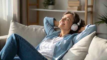 Peace of mind. Smiling tranquil mid aged woman take time to relax on comfy couch give tired legs a rest after hard work day enjoy calm serene house space listen to quiet music dream with closed eyes