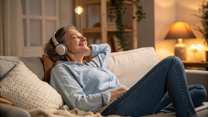 Peace of mind. Smiling tranquil mid aged woman take time to relax on comfy couch give tired legs a rest after hard work day enjoy calm serene house space listen to quiet music dream with closed eyes