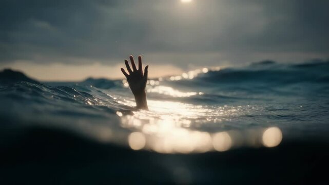 Desperate Plea: A Hand Reaching Out from the Ocean's Depths in Dramatic Light