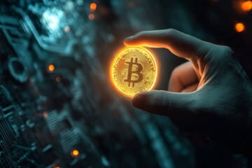 A hand grips a luminous holographic coin, illuminating a dark, high-tech background. This depiction showcases the significance of cryptocurrency in a modern, digital landscape