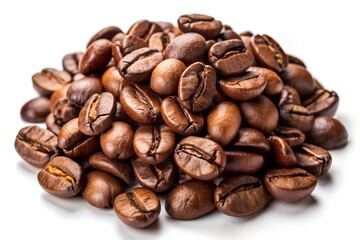 Pile of roasted coffee beans isolated on white background