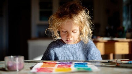 Fototapeta premium Little child focused on watercolor painting at a sunny kitchen table, surrounded by warm natural light and a cozy home atmosphere, expressing creativity and concentration.