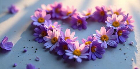 Serene Lavender and Chamomile Heart Soft Sunlight Illuminates a Peaceful Floral Arrangement, Ideal for Relaxation, Spa, and Wellness Themes