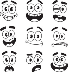 Cartoon faces with varied expressions eyes mouths