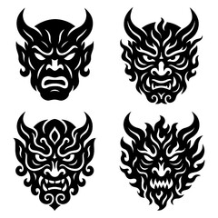 Tribal Demon Face Tattoo Collection - Dark Abstract Monster Mask Silhouettes with Sharp Lines and Fierce Expressions, Evil Ink Art Style with Transparent Background