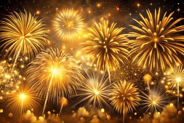 Golden fireworks explode in the night sky