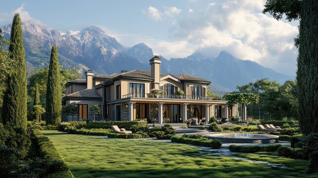 Elegant mansion estate with mountain backdrop in a serene landscaped garden