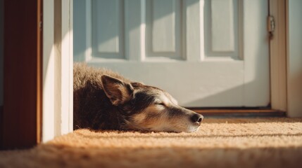 Senior dog peacefully sleeping in warm sunlight by the front door, cozy and relaxed atmosphere, soft golden light streaming through window, quiet moment of comfort at home.