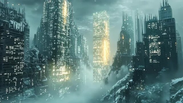 Cityscape with highrise buildings in a snowy, foggy, winter scene.