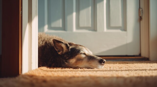 Senior dog peacefully sleeping in warm sunlight by the front door, cozy and relaxed atmosphere, soft golden light streaming through window, quiet moment of comfort at home.