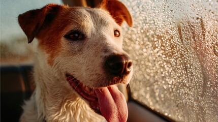 Close-up of a lonely dog resting its head on a car window, looking outside with sad eyes, condensation on glass, quiet and emotional moment, left alone in parked car with copy space.