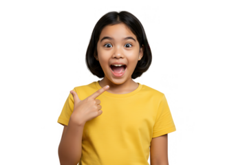 A cheerful young girl with an open mouth is pointing to herself, isolated on transparent background