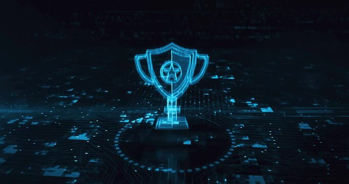 Gaming trophy winning gaming sport cup hologram symbol appears on a digital background. Network, cyber technology and computer abstract concept 3d animation. - Powered by Adobe