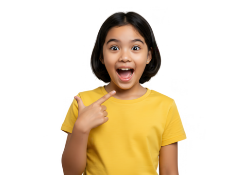 A cheerful young girl with an open mouth is pointing to herself, isolated on transparent background