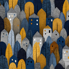 Seamless Geometric Pattern of Houses and Trees with Vibrant Colors and Unique Designs for Modern Decoration