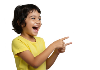 A cheerful young girl is laughing and pointing to the right side, isolated on transparent background