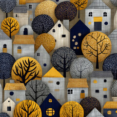 Colorful Geometric Pattern Featuring Houses and Trees in a Seamless Design for Backgrounds and Textiles