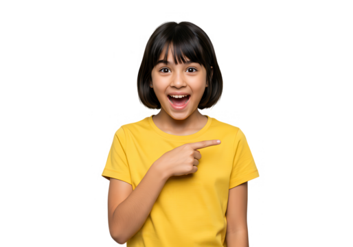 A cheerful asian girl pointing to the side isolated on transparent background, smiling with a happy and surprised expression while wearing a yellow shirt - Powered by Adobe